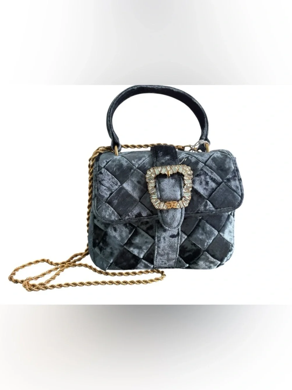 Sam Edelman Quilted Navy Velvet Satchel with Crystal Buckle